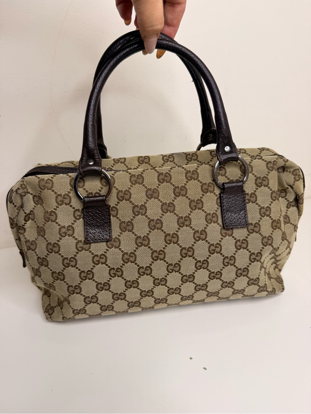 Gucci Beige Monogram Canvas Satchel Brown Leather Handles Doctor Bowler Bag